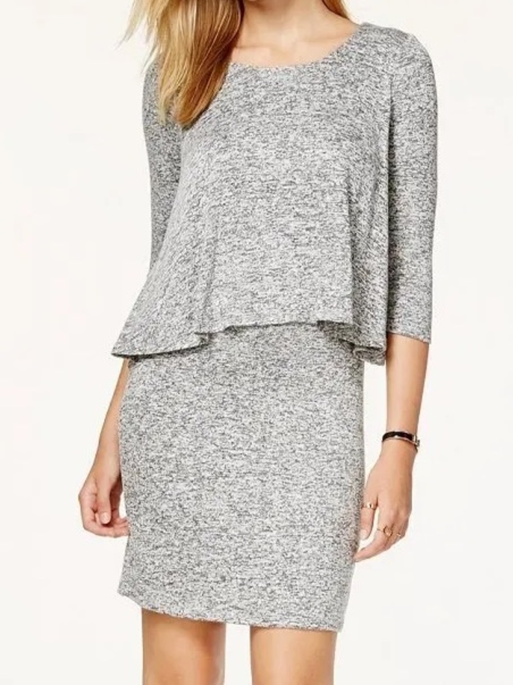Bar III Women's 3/4 Sleeve Heathered Grey Body Con Dress
